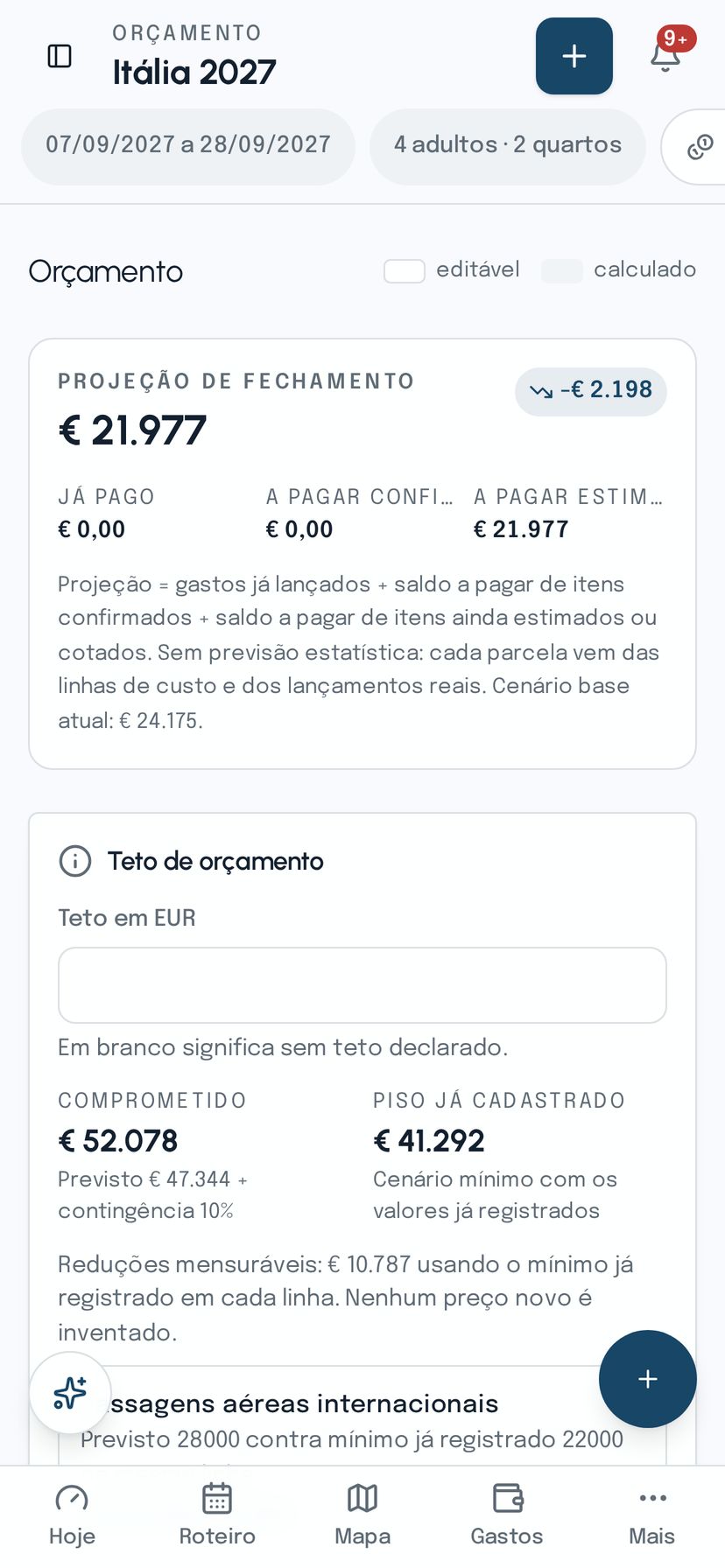 Orçamento do vIAgente com projeção de fechamento, valores estimados, cotados e confirmados por linha